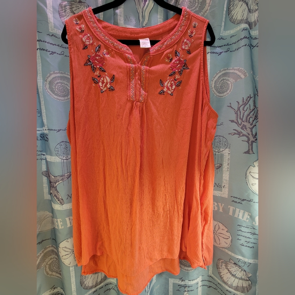 Terra & Sky Coral Floral Embroidered Blouse Tank Top Sleeveless EUC